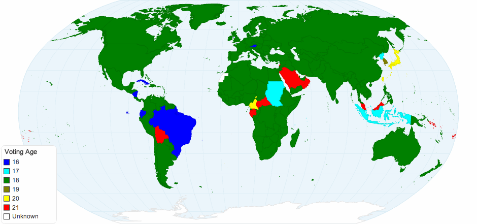 Map of Voting Age by Country