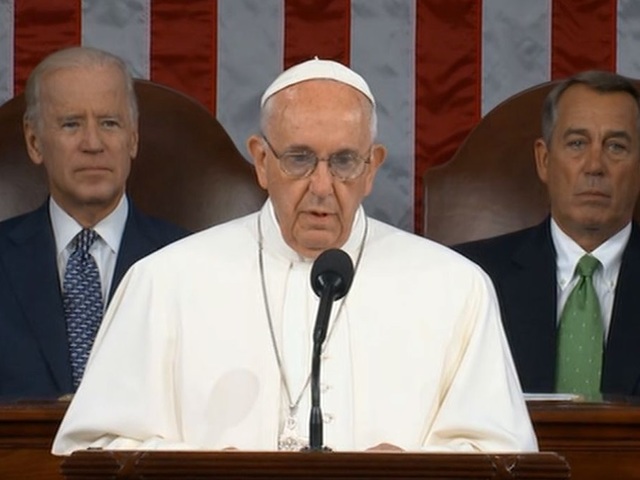 Pope addresses Congress with Biden and  Boehner behind him.