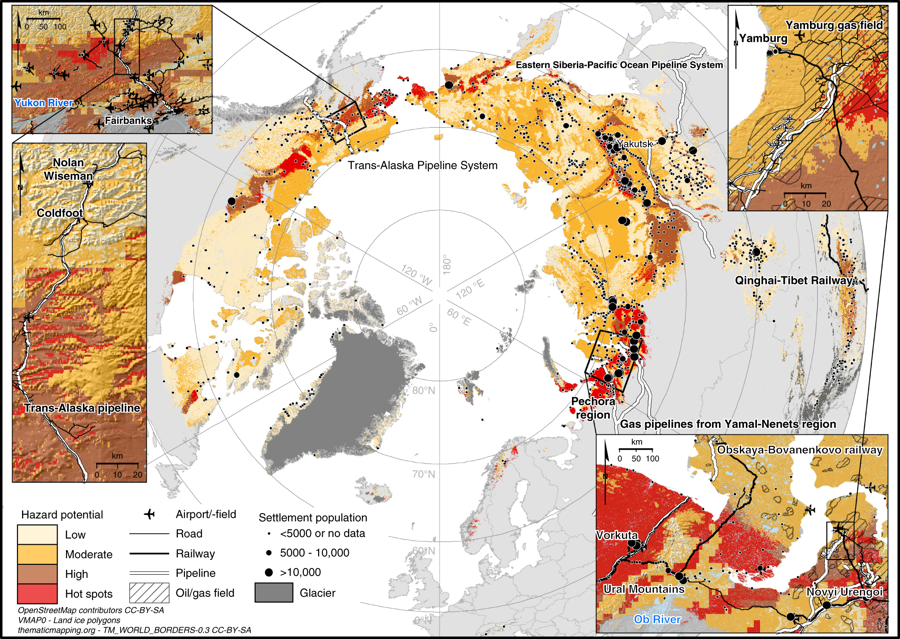 map of Arctic circle and degrading Arctic permafrost