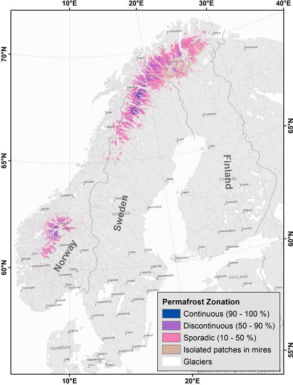 map of permafrost zonation, scandinavia, Norway, Sweden, Finland, 