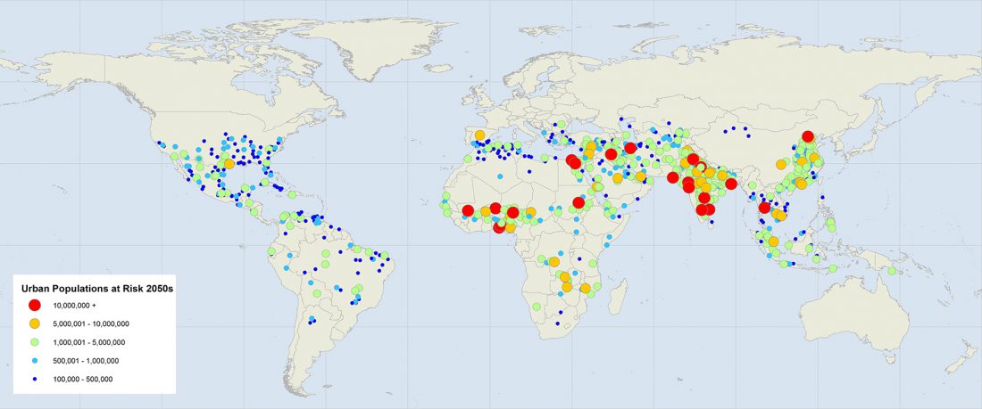 Urban populations, risk, extreme heat 2050s, heat wave, future