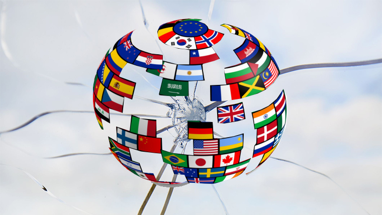graphic of globe made up of flags shattering