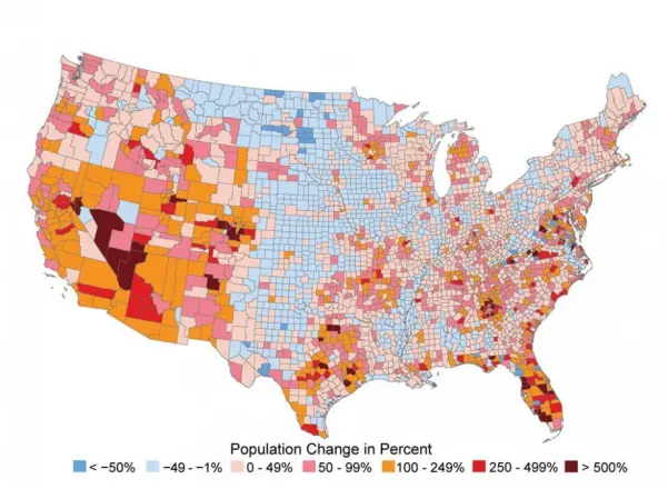 Map of US: percentage change in population 1970 – 2008
