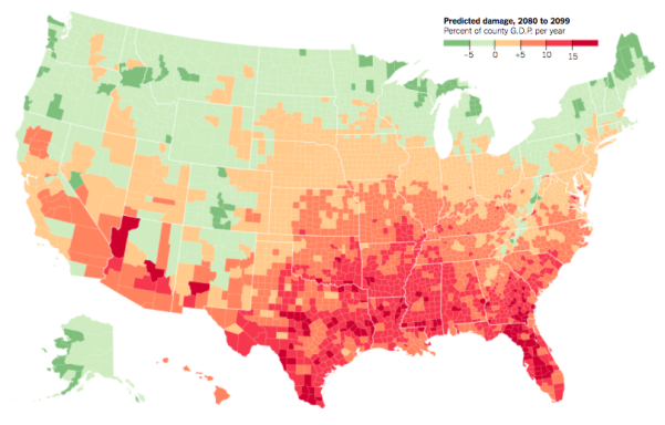 Map of US: Variation of the economic cost of climate change: predicted damage, 2080 – 2099