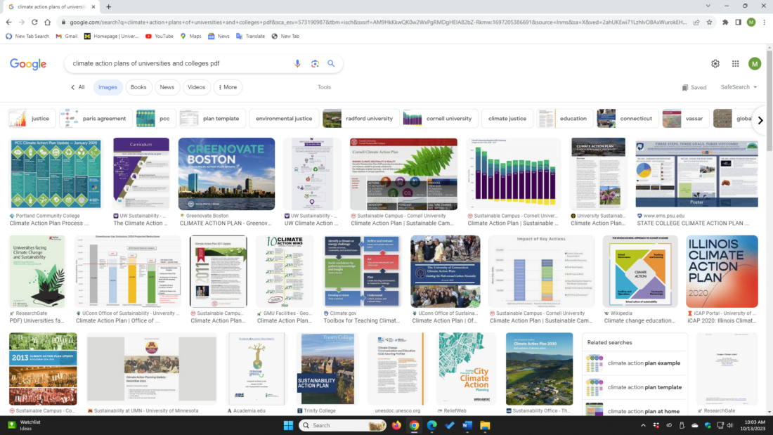 Screenshot of results from Google image search of "climate action plans of universities and colleges"