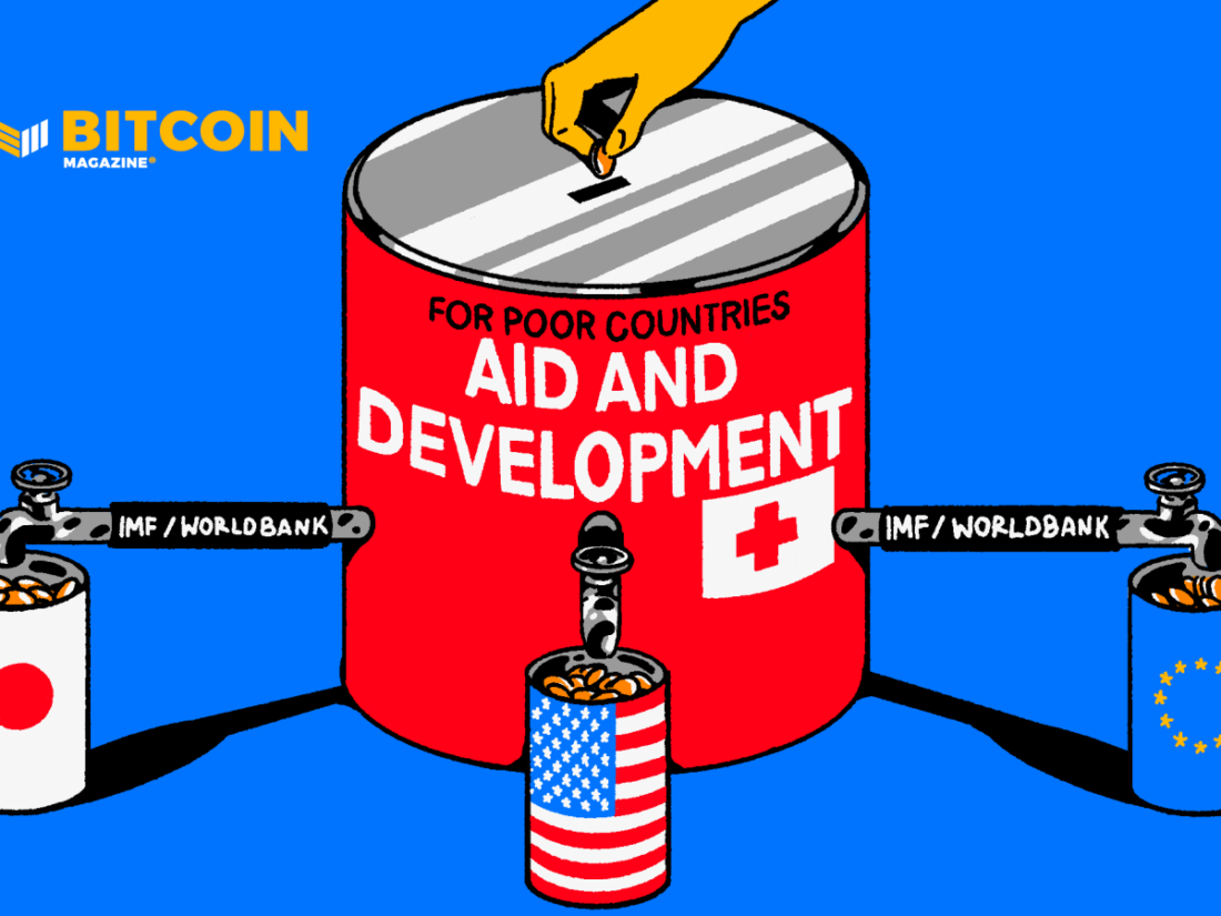 Image: Hand drops coin into large jar marked "For Poor Countries Aid and Development" while three spigots marked IMF/Worldbank pour coins into cans marked with the Japanese, US, and EU flags.