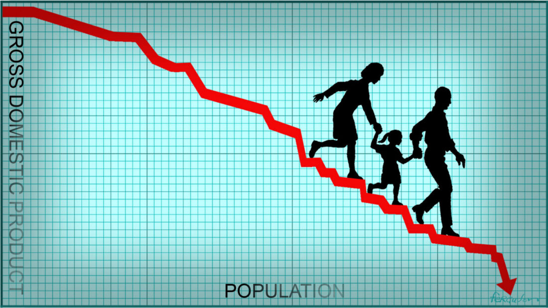 Image of family walking down declining graph of population as if it were stairs.