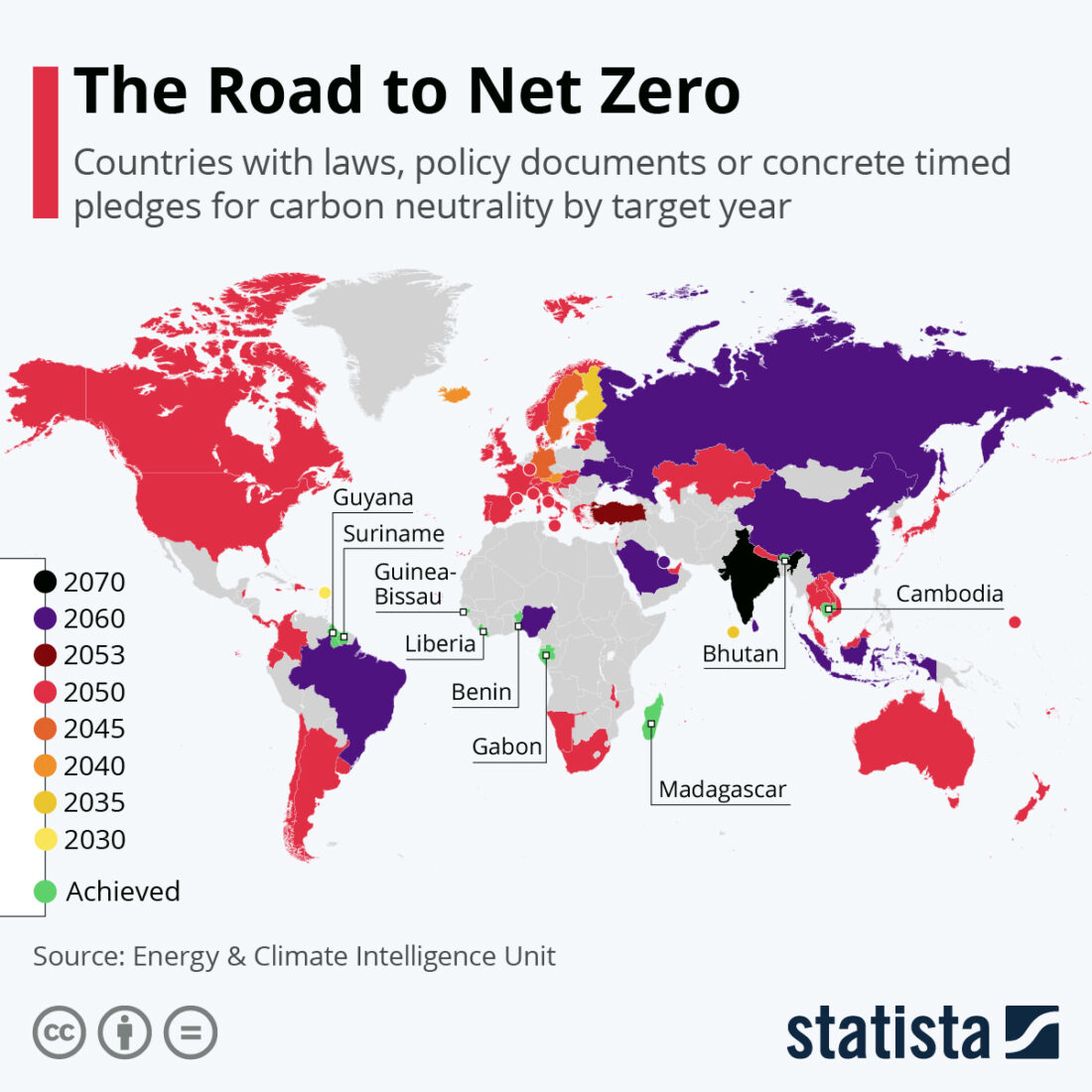 World map with dates of net zero pledges 