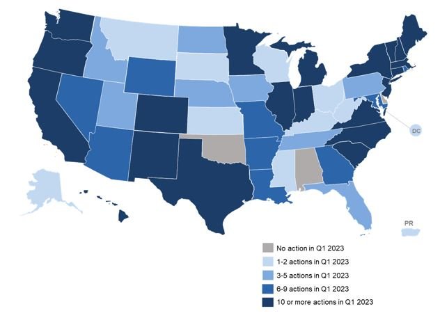 US map of state decarbonization actions Q1 2023