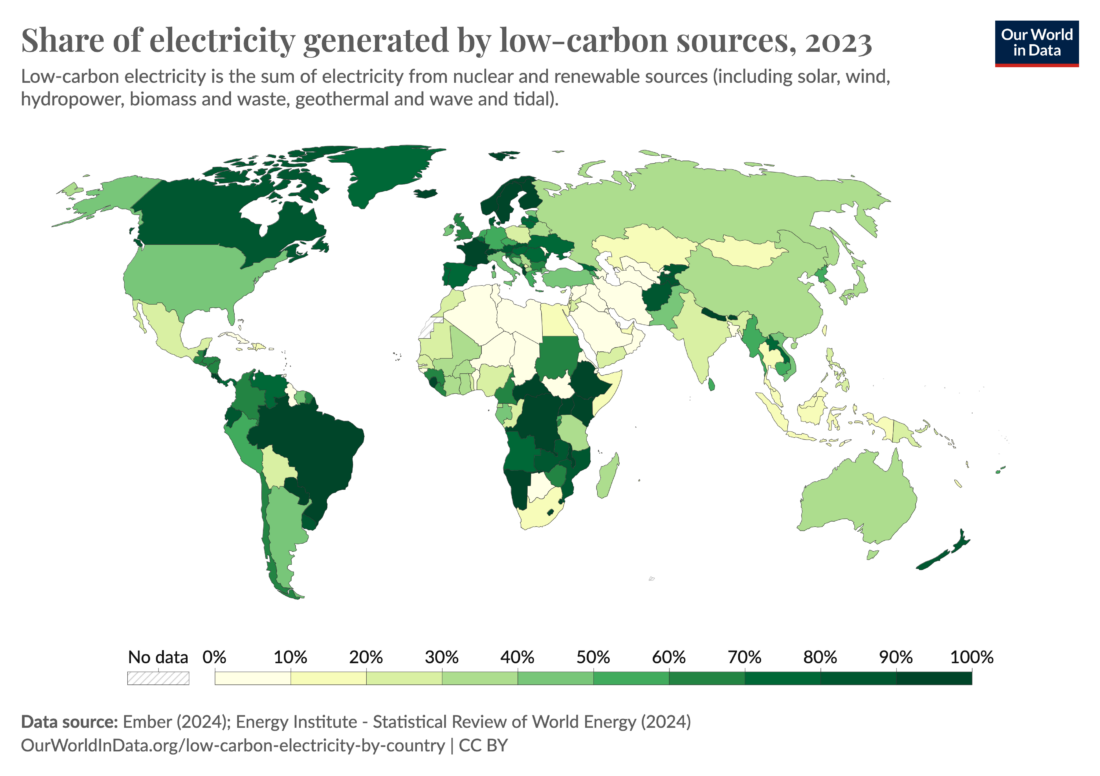 World map with each country's share of electricity generated by low-carbon sources, 2023