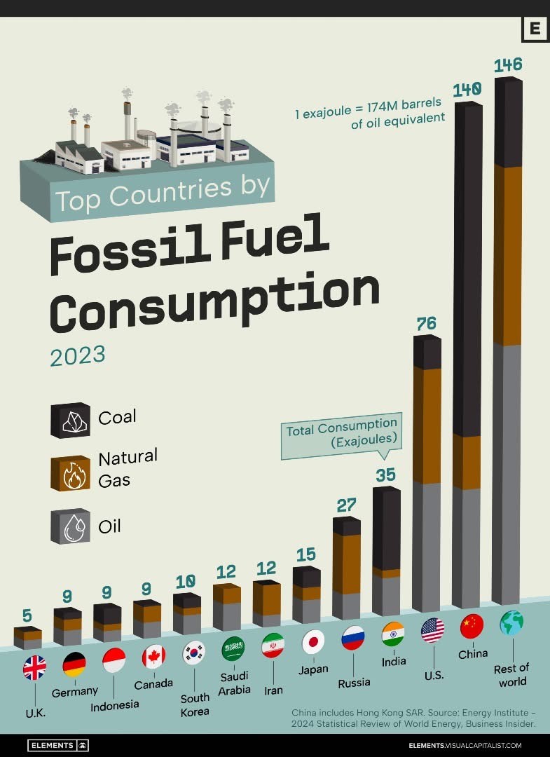 Infographic about fossil fuel consumption by country in 2023
