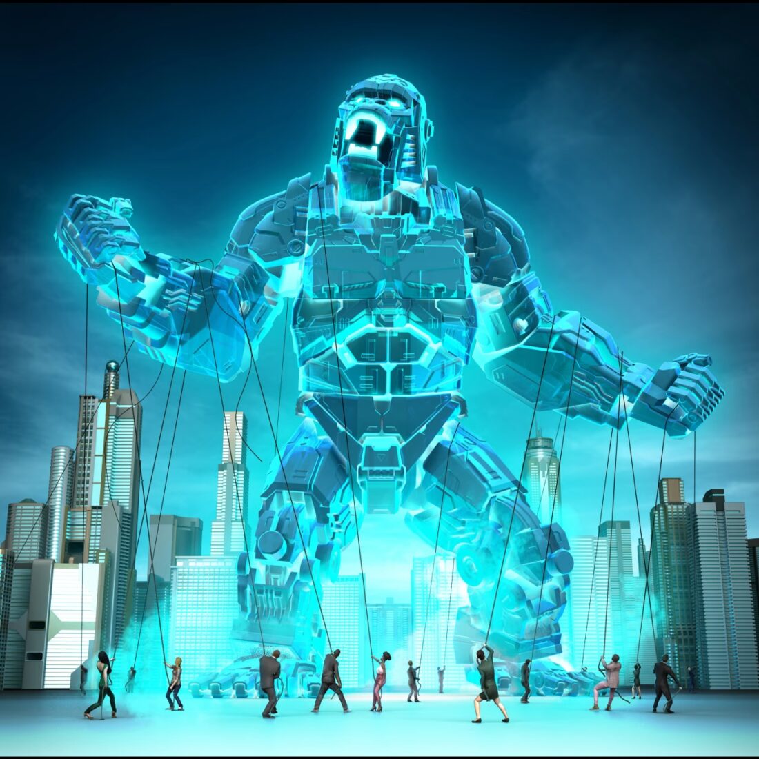 Illustration: a giant, glowing, blue King Kong robot roars at the sky as people on the ground try to constrain it with ropes wrapped around its body