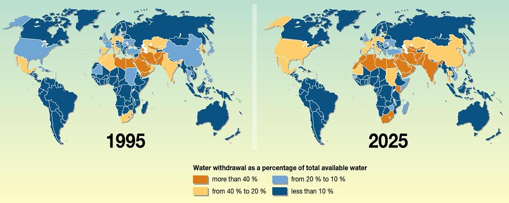 map of global water withdrawal as a percentage of available water, 1995 & 2025