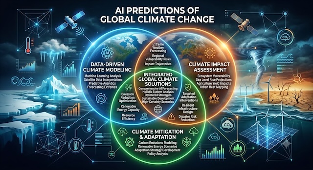 Venn diagram of data-driven climate modeling, climate impact assessment, and climate mitigation & adaptation.