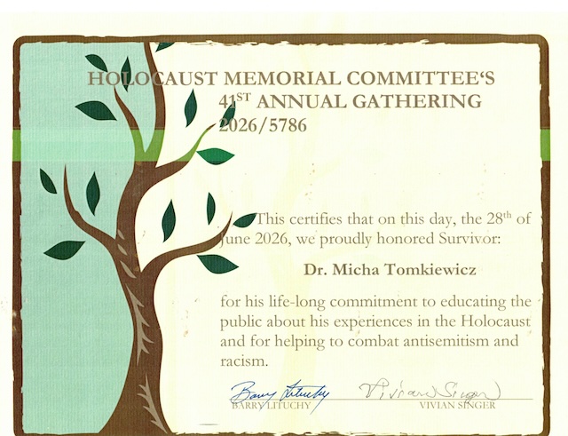 Certificate of appreciation from the Holocaust Memorial Committee